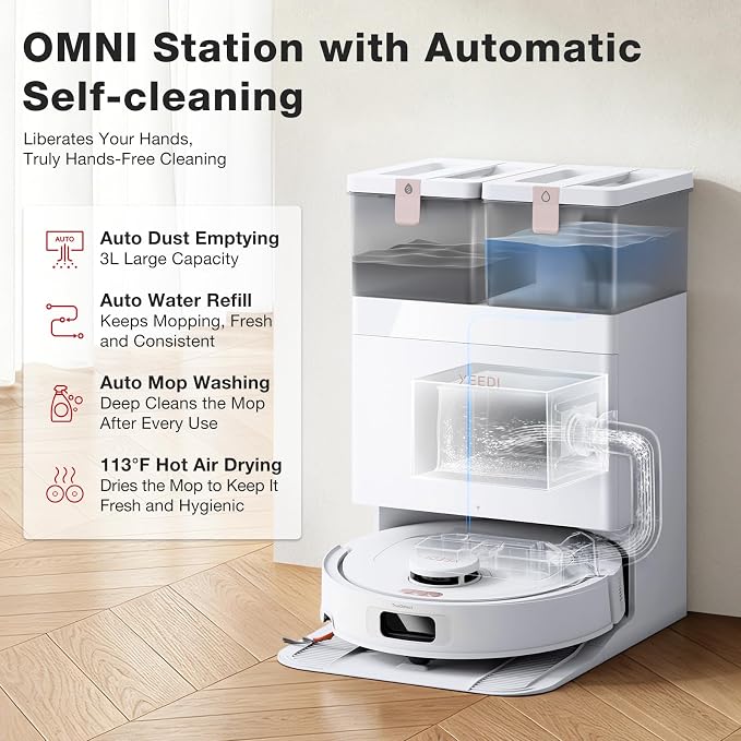 YEEDI M12 PRO Gen2 Robot Vacuum & Mop, 25000Pa Powerful Suction, LDS Laser Navigation, Auto Dust Collection & Mop Cleaning, 113°F Hot Air Dry OMNI Station, ZeroTangle 2.0 Technology, 3L Large Dust Bag
