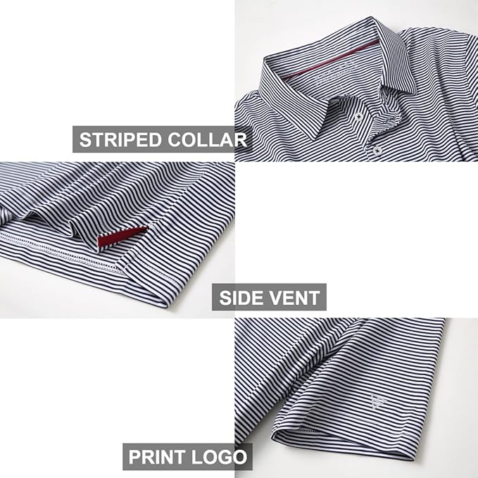 Men's Golf Polo Shirts Short Sleeve Striped Performance Moisture Wicking Dry Fit Golf Shirts for Men