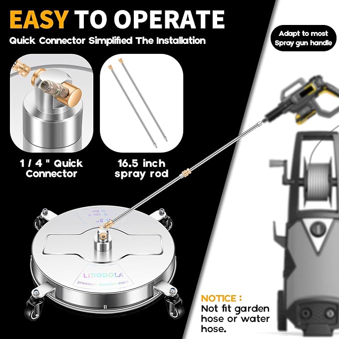 16.5" Pressure Washer Surface Cleaner with 4 Wheels - Stainless Steel Surface Cleaner for Pressure Washer Attachment for Concrete, Driveway, Patio, Sidewalk, Deck and Daily Washing - PWS16.5