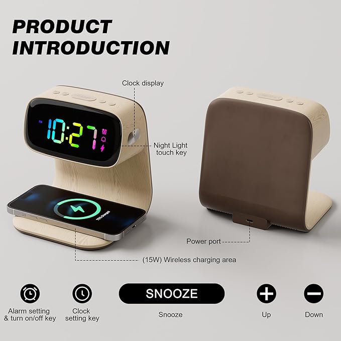 Digital Alarm Clock with Wireless Fast Charging Station 15W Touch Smart Lamp for Bedside,3 Colors Nightlight Adjustment Night Lamp for Living Room,Bedside,Heavy Sleepers (Woodgrain+Cable&Adapter)
