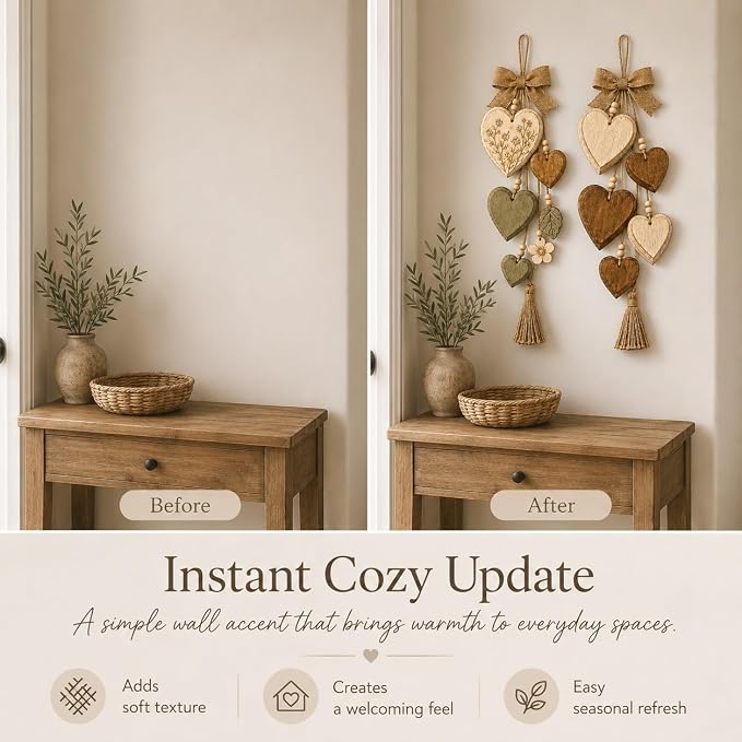 Rustic Solid Wood Heart Wall Hanging, Farmhouse Burlap Bow Decor with Distressed Wooden Hearts & Pendants, Romantic Art for Bedroom & Home Room, Vintage Charm Art Decor Signs(Sage Wildflower)
