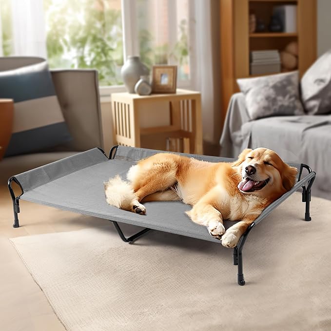 Veehoo Cooling Elevated Dog Bed, Guardrail Raised Pet Cot, Indoor & Outdoor XXL Pet Bed with Washable & Breathable Teslin Mesh, Non-Slip Feet, Dog Couch Bed, 62.5" x 37", Grey
