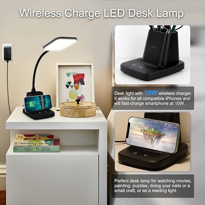 LED Desk Lamp with 10W Wireless Charging & Pen Holder, Black | CRI 95, 800LM, Stepless Dimming, 3 Modes, 360°Flexible Arm, Touch, Study Table Lamp for Home Office, Dorm Room, with Adapter