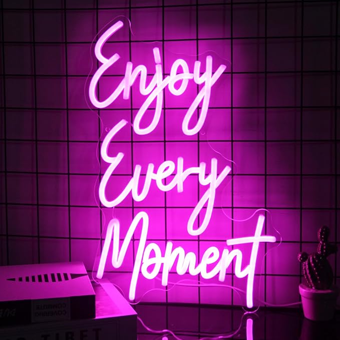 Enjoy Every Moment Neon Sign Pink Letter LED Sign Words Neon Light Up Sign Enjoy Neon Signs for Wall Decor LED Neon Lights Signs for Bedroom Bar Restaurant Salon Party Decor