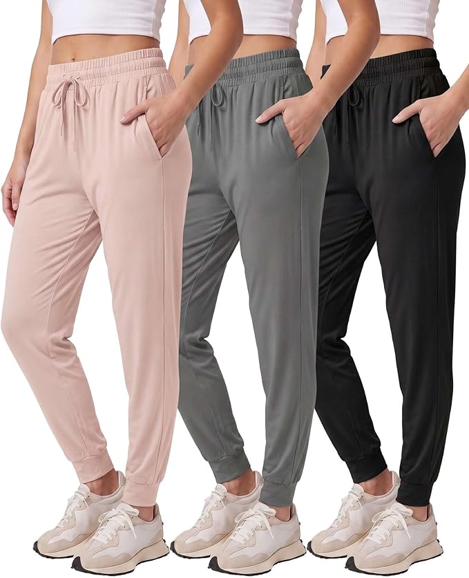 3 Pack Women's Lounge Joggers Sweatpant Active Athletic Yoga Workout Pocket | Available in Plus Size, Ladies Casual, Drawstring Gym Pants, Sleep Bottoms, Hiking, Running, Fitness, Exercise, Pajama, Soft