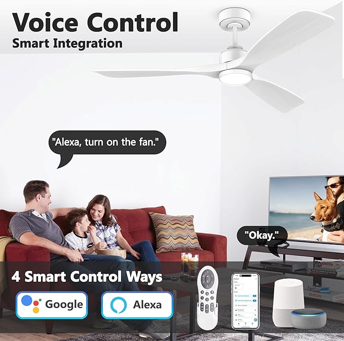 52 Inch Wood Smart Ceiling Fans with Lights Remote,Voice Control via WIFI Alexa App,Quiet DC Motor,Outdoor Indoor Ceiling Fan,Dimmable,Modern White Lighting & Ceiling Fan for Bedroom Patio Porch