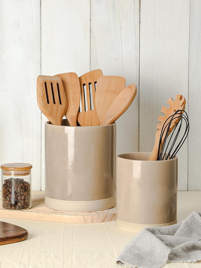 famiware Milkyway Kitchen Utensil Holder for Countertop, 7.2"+5.8" Ceramic Cooking Utensil Crocks for Counter, Utensil Organizer for Spatula & Spoon, Kitchen Decor, Set of 2, Cinnamon Brown