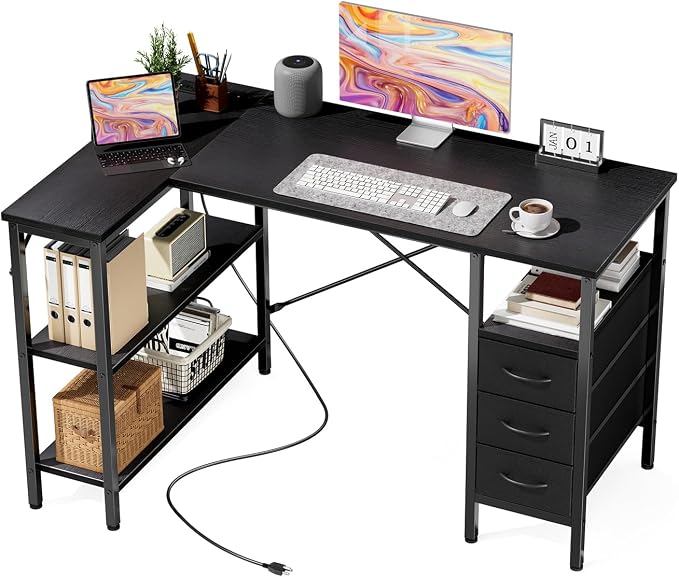 DUMOS L Shaped Desk with Drawers, Gaming Desk, 47 Inch | Power Outlet, Study Table, Adjustable Shelves, Home Office, Corner Computer Workstation, Bedroom, Black