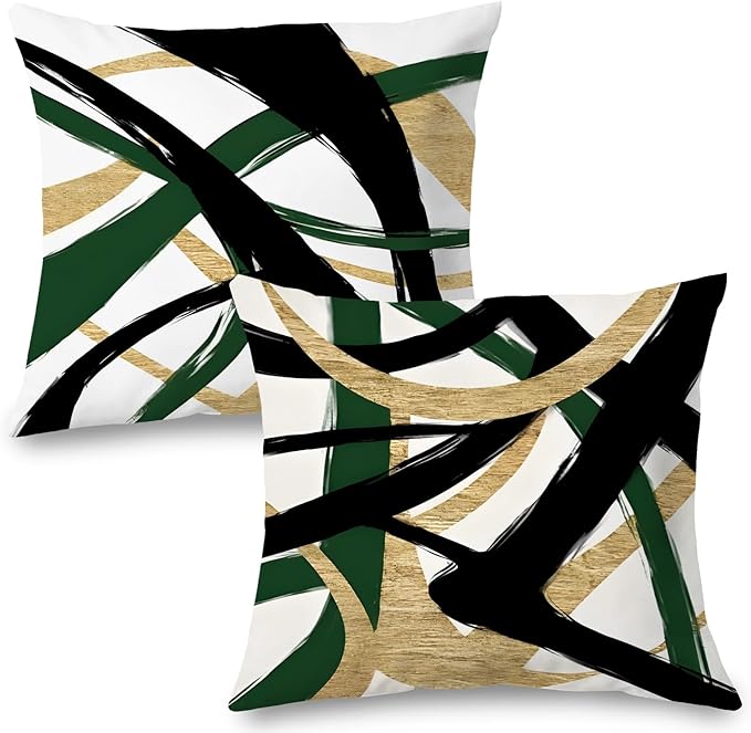 Black Gold and Green Pillow Covers, Abstract Black and Gold Pillow Covers 16x16 Set of 2, Modern Boho Decorative Throw Pillows Cover for Couch Bed Living Room