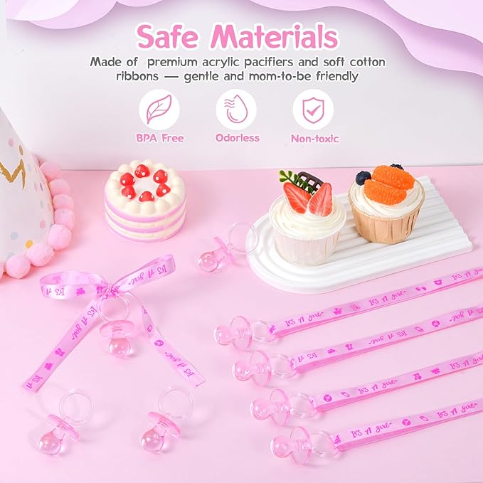 ZYFLSQ 60 Pieces Baby Shower Pacifiers Necklace, Acrylic Pacifier Necklaces for Baby Shower Games Girl Charm, Party Favors, Decorations DIY, Gender Reveal Table Scatter(Pink)