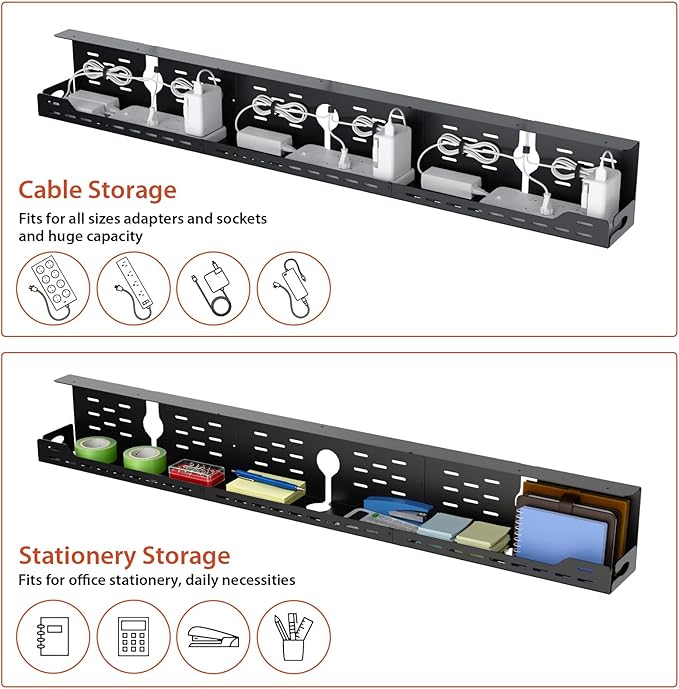 Univivi Under Desk Cable Management Tray, Cable Management, 48 inch, Black | Durable Steel, Cable Management with No-Drill C-Clamp and Screw Mount, Effortless Wire Management for Office/Home