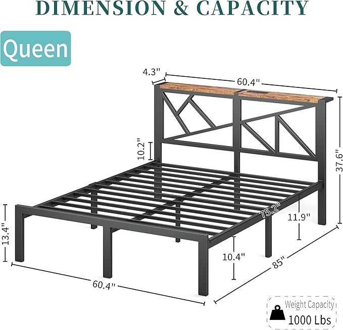 Queen Size Black Metal Bed Frame with USB Charging Station, LED Ambient Lighting, and Wooden Storage Headboard - Includes Under-Bed Storage, No Box Spring Needed, Noise Free, Easy Assembly