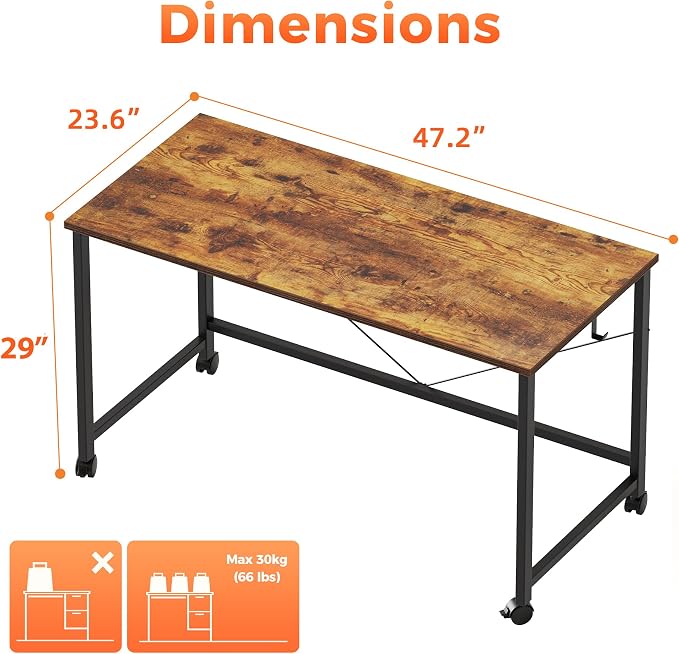 Mericonia 47x24 Inch Computer Desk with Wheels, Small Simple Rolling Desk | Writing Table for Home Office Bedroom Work Study, Brown