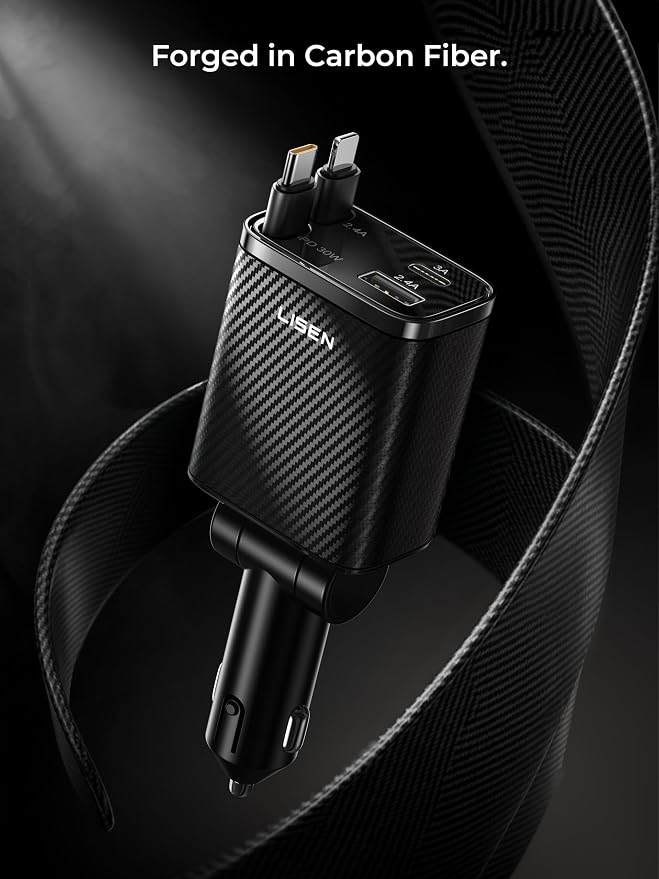 LISEN Retractable Car Charger, 84W Car Charger USB C Fast Charger Adapter, Car Accessories for Men Women, Gifts for Fathers Day for Men Dad Husband, for iPhone 17 16 15 14 13 12 Pro Max, Carbon-Black | Car Accessories, Compatible with iPhone 17 16 15 1...