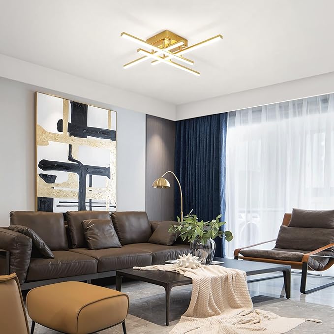 CANEOE Modern Ceiling Light Fixture, Gold Dimmable Close to Ceiling Light with Remote Control,Sputnik Flush Mount Ceiling Lamp for Bedroom Living Room Kitchen Modern Chandelier Light Fixture Ceiling