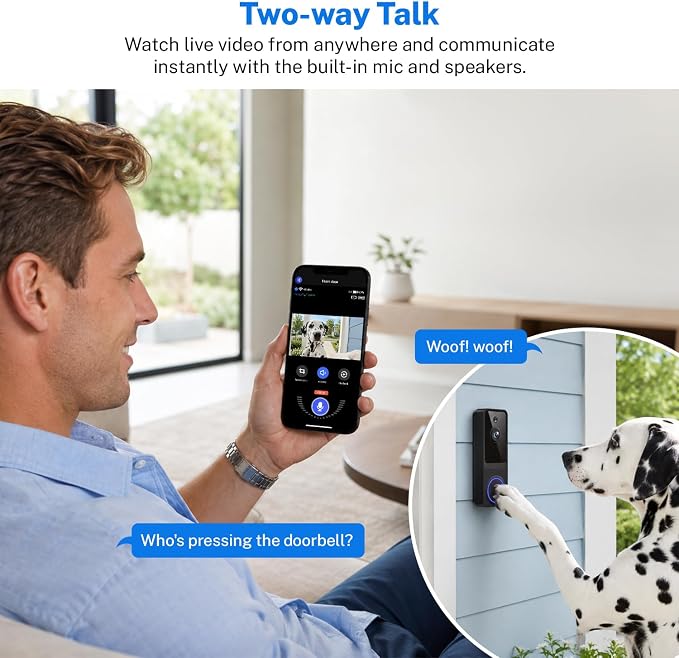 1080p Wireless Video Doorbell Camera with Smart AI Human Detection, Two-Way Audio, Live View, Night Vision, 2.4G WiFi, Battery Powered, App Control, and Cloud Storage for Home, Office & Pet Monitoring