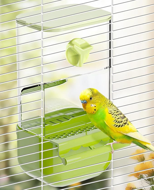 BNOSDM No Mess Bird Cage Feeders Automatic Bird Feeder Parrot Cage Accessories Transparent Seed Food Container with Perch for Finches, Parakeets, Budgies, Lovebirds, Cockatoos, Canaries (Green)