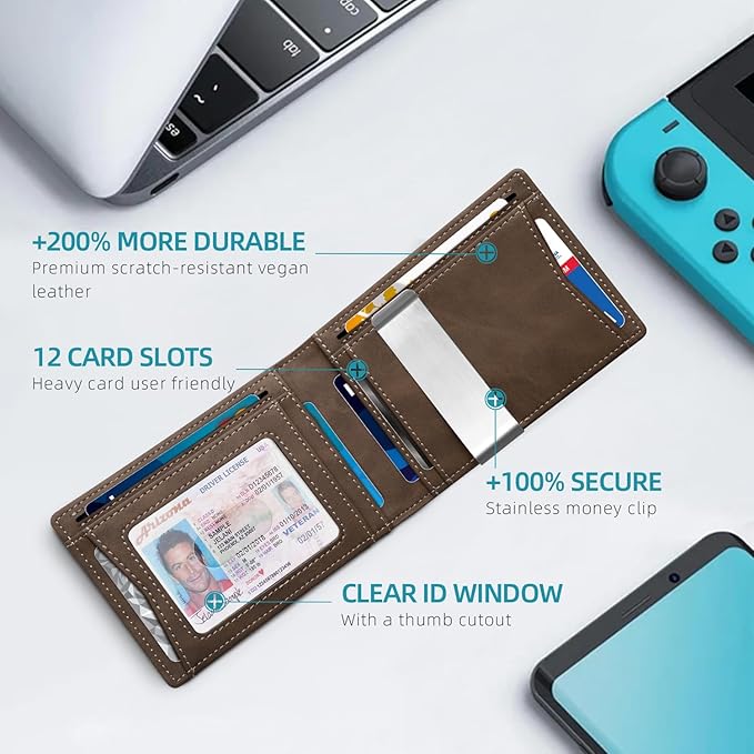 Zitahli Money Clip Wallets for Men,Slim Bifold Wallet 10-12 Cards, Mens Leather Wallet with ID Window,RFID Blocking Thin Minimalist Credit Card Holder,Gifts for Him