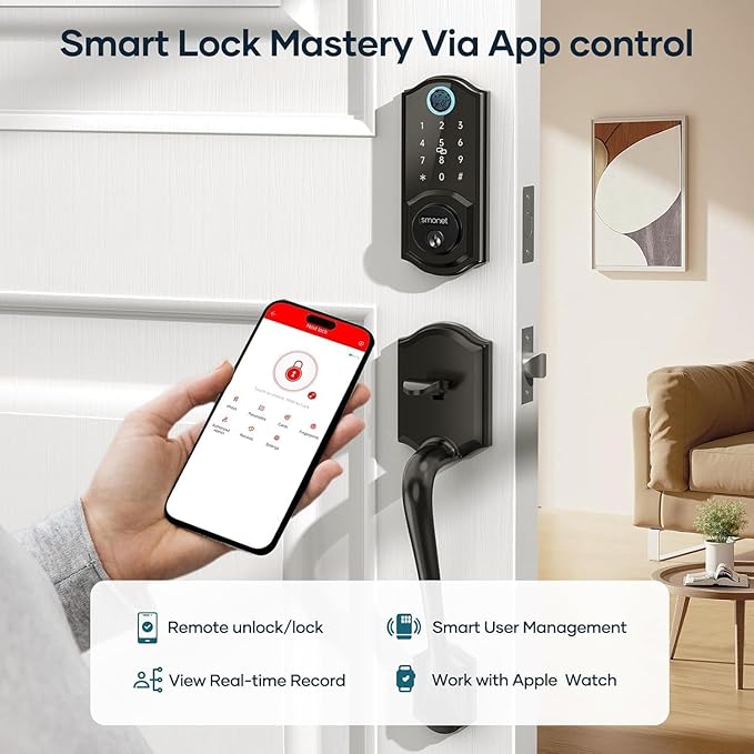 Smart Lock Front Door, SMONET Keyless Entry Door Lock with Handle, Smart Front Door Lock Set Fingerprint Smart Deadbolt Bluetooth Electronic Digital Keypad Lock, Auto Lock Work with Alexa, Black
