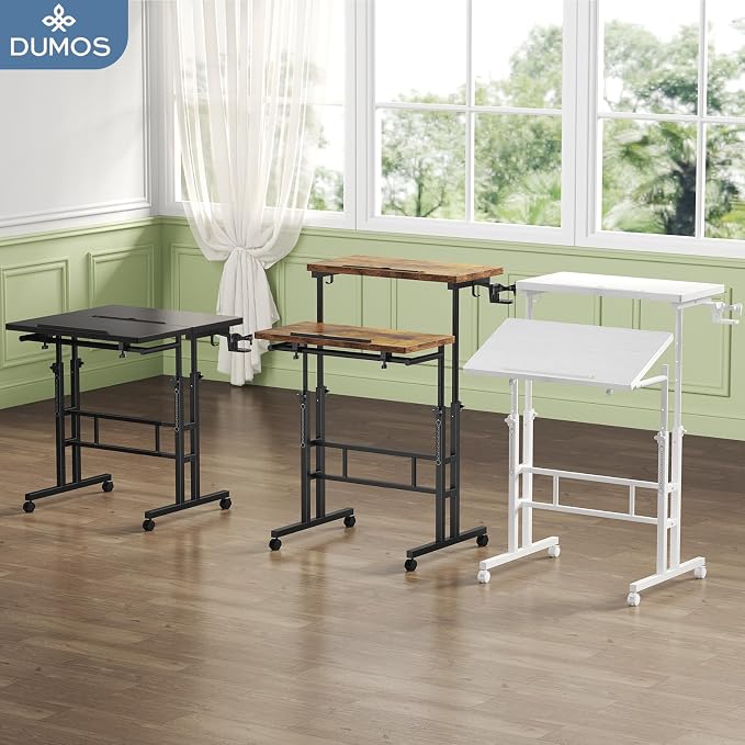 DUMOS Rolling Standing Desk, Sit Stand Desk, Computer Cart | Manual Height Adjustable, Split Top Mobile, Laptop Workstation, Portable Home Office, Walking Pad Study Surface, Modern White