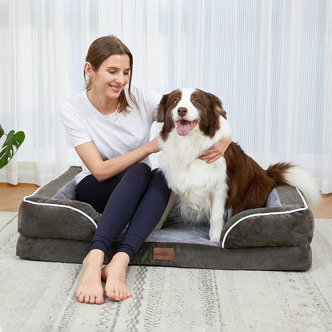Comfort Expression Orthopedic Dog Bed for Large Dogs 38x25 Inch, Waterproof Supportive Egg Crate Foam Large Pet Bed with Removable Bolsters, Dog Couch with Washable Cover & Non-Slip Bottom, Dark Green
