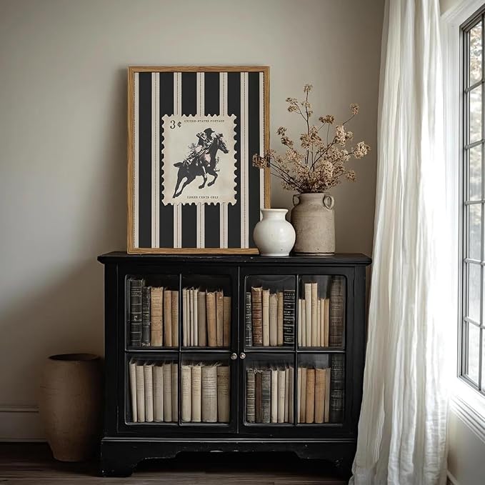 Vintage Western Cowboy Wall Art Black and White Striped Cowboy Riding Horse Wall Decor Paintings Mid Century Rodeo Southwestern Poster Canvas Print for Bedroom Living Room 16x24 inch Wood Framed