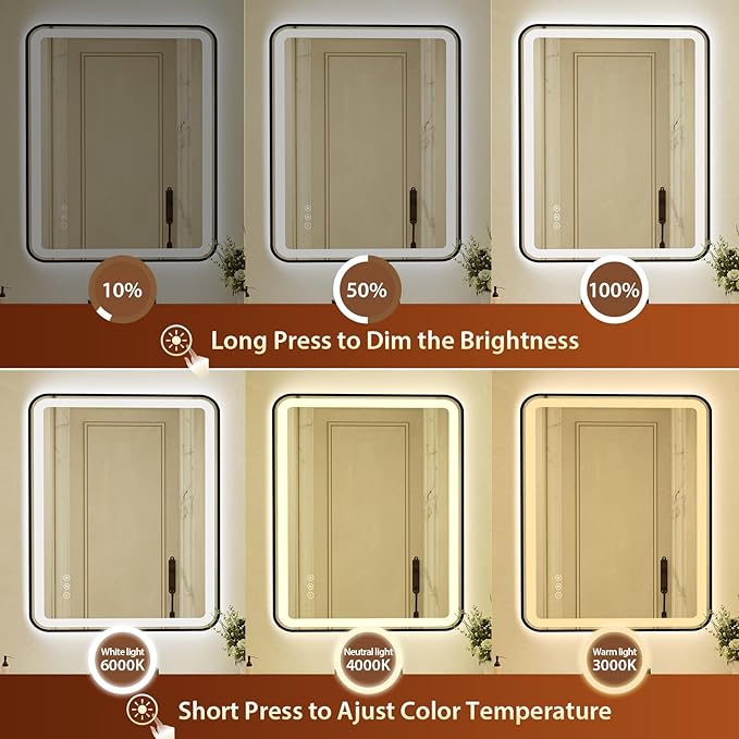 28x40 Inch Black Framed LED Bathroom Mirror with Lights, Built-in Bluetooth Speaker,Tempered Glass,Dimmable Lighted Bathroom Vanity Mirror with 3 Colors, Backlit + Frontlit, Memory, Anti-Fog