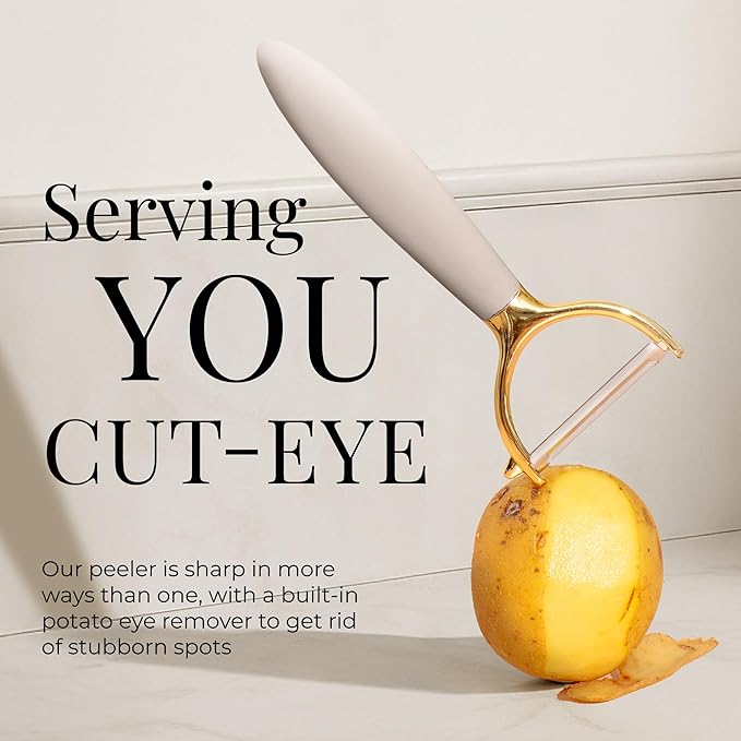 Gold and Beige Kitchen Utensils Set – 8 PC Cooking Gadgets with Mini Gold Whisk and Tongs, Pizza Cutter, Garlic Press, Cheese Grater, Peeler, Can Opener, Scoops – Stylish Beige Kitchen Accessories