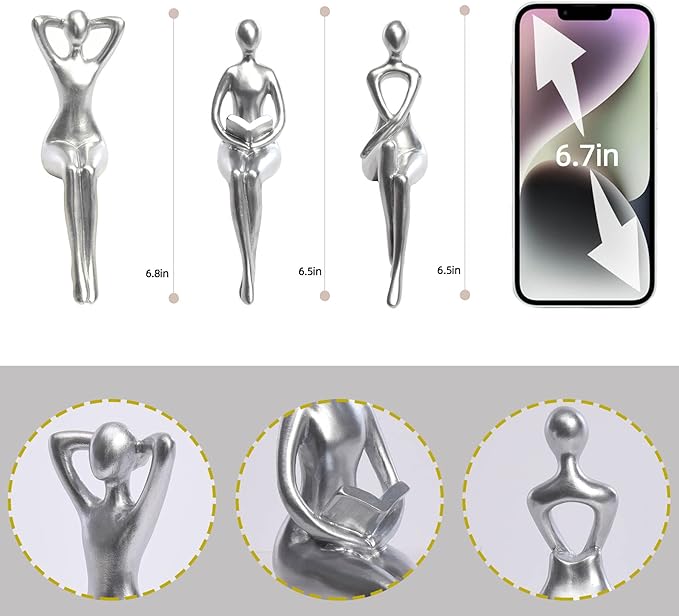 Quoowiit Thinker Statue Office Desk Decor, Silver Art Sculpture Ornament Coffee Table Bookshelf Decor Modern Home Unique Home Decorations for Living Room 3 Piece