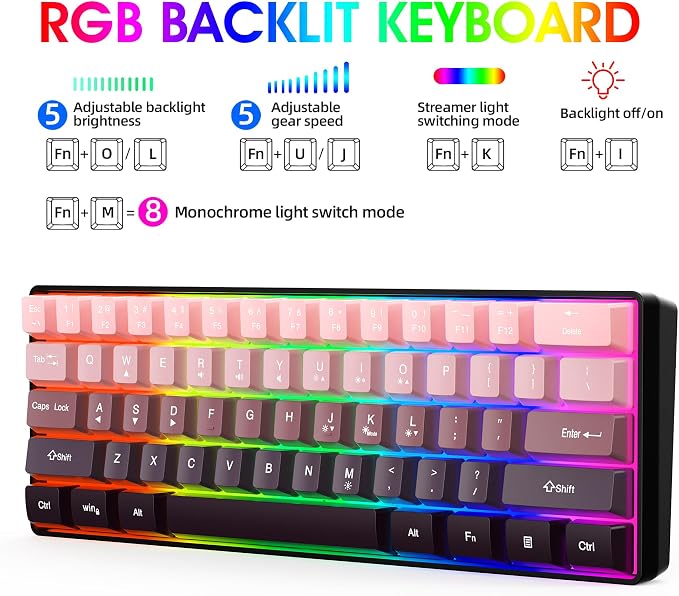 Snpurdiri 60% Wired Gaming Keyboard, Pink-Black | 61 Keys, RGB Backlit Ultra-Compact Small Gaming Keyboard for PC/Mac Gamer, Typist, Travel, Easy to Carry on Business Trip