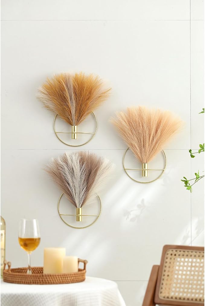 Pretty Jolly Boho Pampas Wall Decor Black Metal Wall-Mounted Art | Morden Artificial Greenery Display，2 Pack Hanging Planter For Living Room, Bedroom, Bathroom, Dining room
