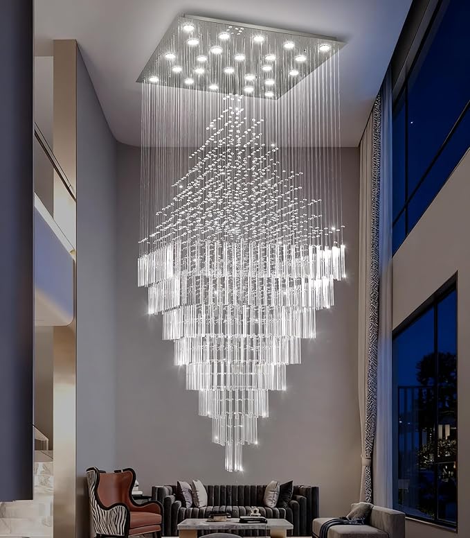 W47 x H120 Luxury Crystal Chandelier with LED Bulbs Glam Raindrop High Ceiling Square Light Chandeliers for Entrance Large Villa Foyer Living Room Lighting Fixtures Silver