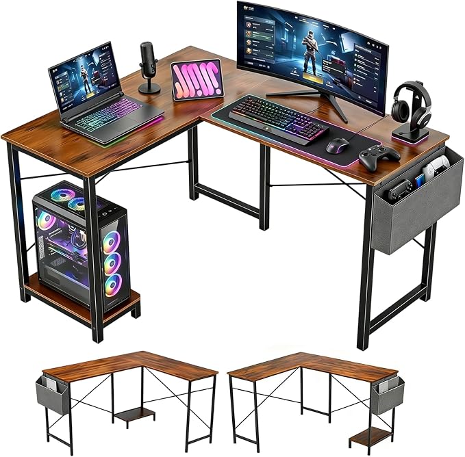 L Shaped Desk Computer Desk, 50inch Brown Gaming Desk with CPU Stand | Reversible Corner Desk, Storage Bag, Sturdy Metal Frame, Student Study Writing Table for Home Office