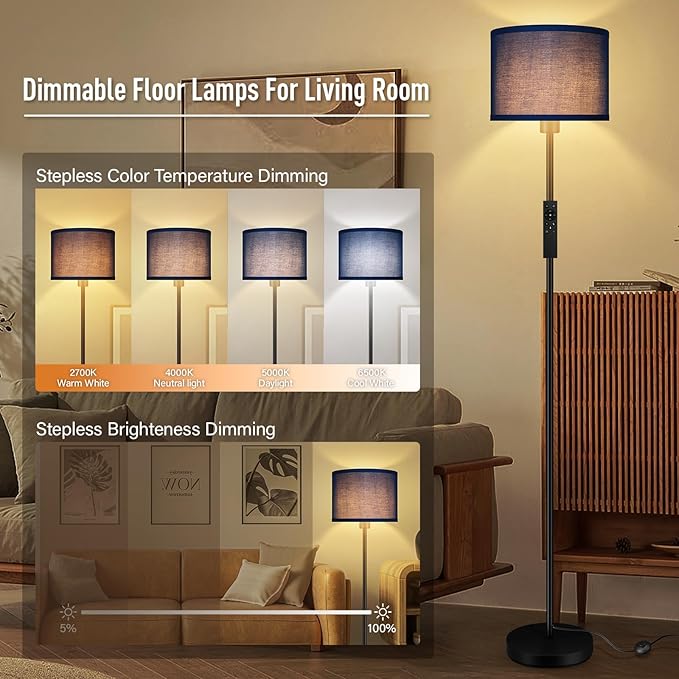 Floor Lamps for Living Room, Stepless Dimmable Blue Floor Lamp with Remote, 2700K-6500K Colors Temperature & Brightness Adjustable,10W/1200LM LED Floor Lamp, Modern Standing Lamp for Bedroom/Office