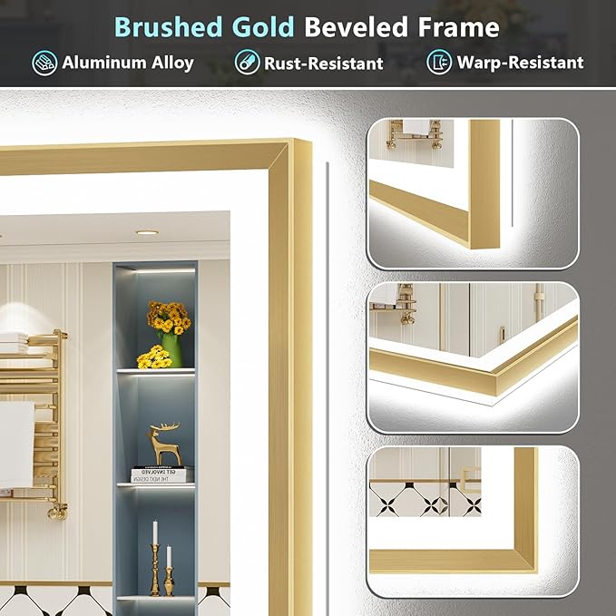 72x36 Gold Beveled LED Bathroom Mirror with Lights, Brushed Gold Framed Backlit and Front Lit Anti-Fog Lighted Vanity Mirrors for Bathroom Wall, Dimmable, 3 Colors, Memory, HD Tempered Glass