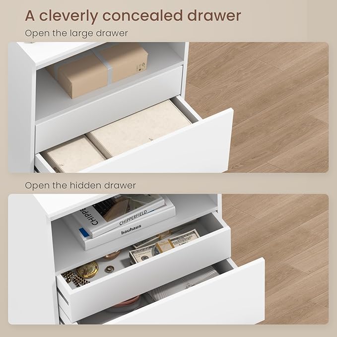Nightstand Set of 2 with LED Lights, 26" H with Hidden Drawer, Bedside Table with Charging Station, 3 Drawers, Modern Night Stand for Bedroom, White