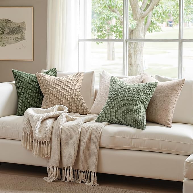MIULEE Decorative Throw Pillow Covers 18x18 Sage Green Textured Corduroy | Pack of 2 Striped Pillow Covers Modern Farmhouse Home Decor for Couch Bed Sofa Living Room