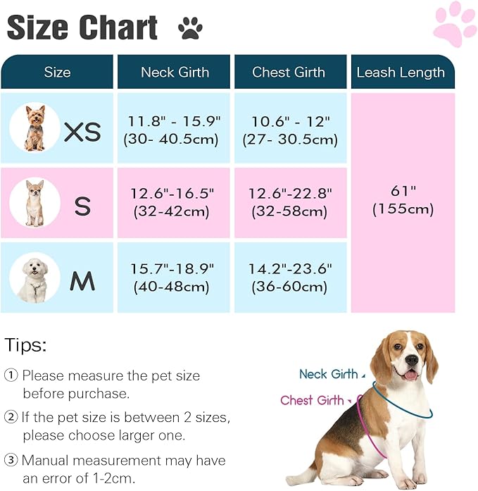 Pawaboo Small Dog Harness and Leash Set, Puppy Harness X-Frame No Pull No Choke, Dog Vest Harnesses Adjustable for Small Medium Sized Dogs,Soft Breathable Pet Harnesses for Walking, M, Pink Flowers