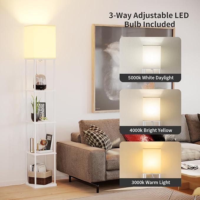 SUNMORY 5 Tier Floor Lamp with Shelves, Modern Square Standing Lamp with 3 Color Temperature Bulb, Corner Display Bookshelf Lamp for Living Room and Bedroom, Tall Shelf Floor Lamp White