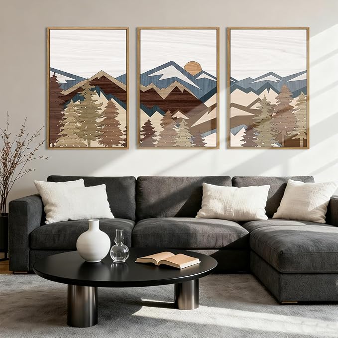 BINCUE Large Boho Mountain Canvas Framed Wall Art Set of 3 Forest Mountain Sun Wall Decor Boho Artwork for Living Room Bedroom Office 24x36 Inch Gift