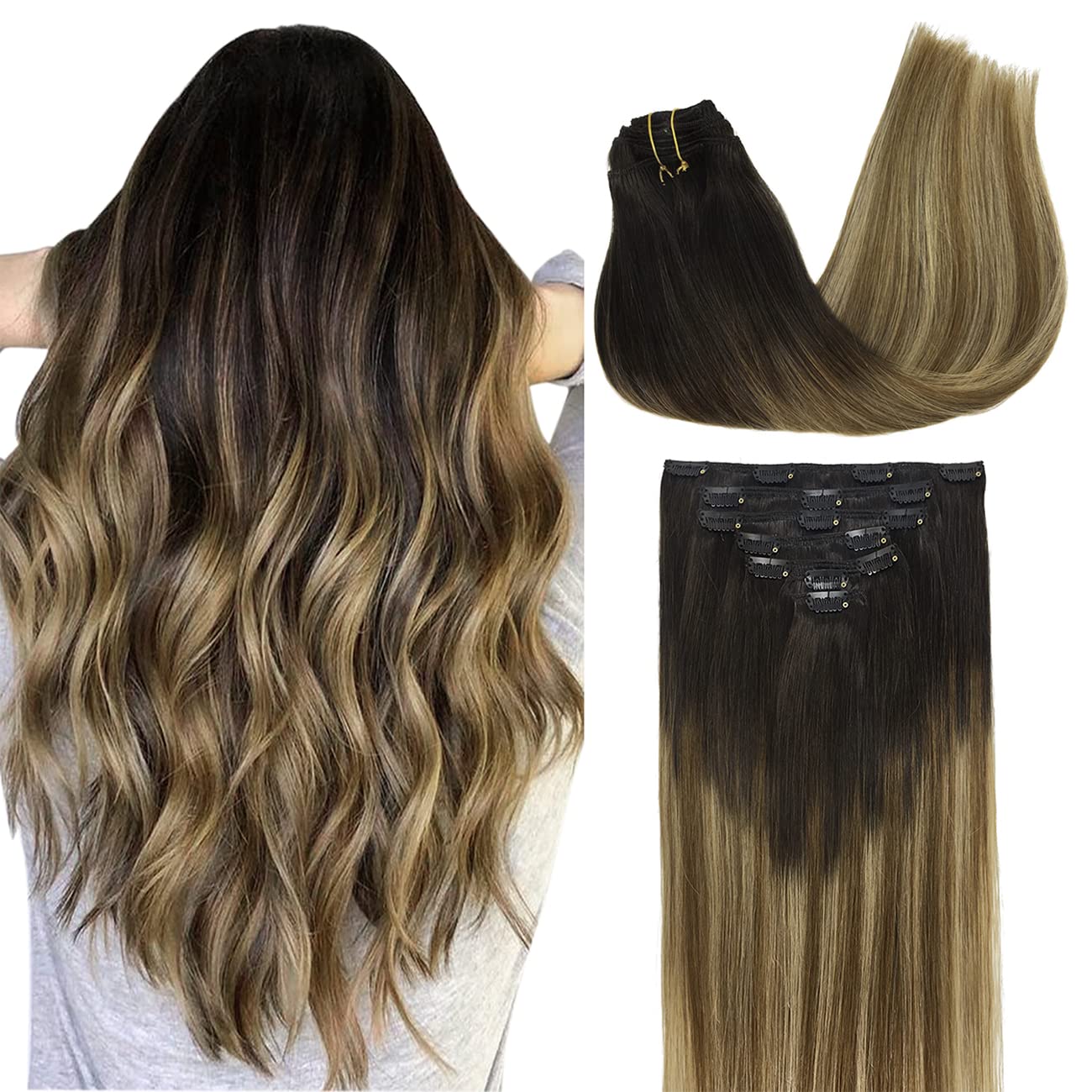 Doores Clip In Hair Extensions Real Human Hair Balayage Dark Brown Fading To Chestnut Brown And Dirty Blonde 20 Inch 7Pcs 120G R