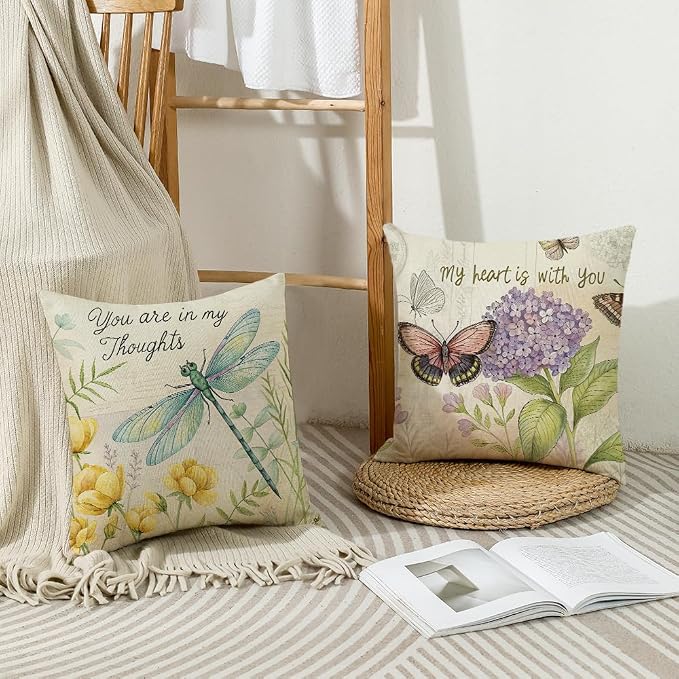 wyooxoo Throw Pillow Covers 20x20 Set of 4 Spring Summer Pillow Covers Linen Flower Butterfly Farmhouse Pillowcases for Sofa Couch Living Room Outdoor