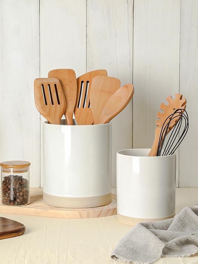 famiware Milkyway Kitchen Utensil Holder for Countertop, 7.2"+5.8" Ceramic Cooking Utensil Crocks for Counter, Utensil Organizer for Spatula & Spoon, Kitchen Decor, Set of 2, White