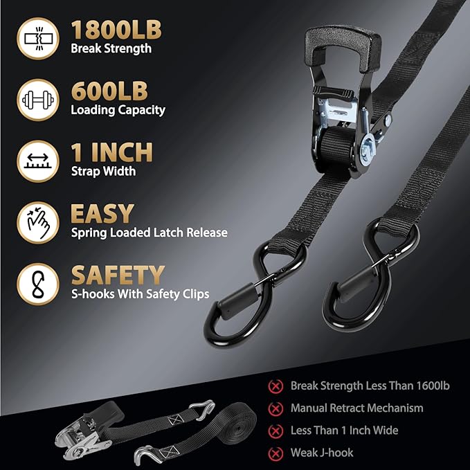 Ratchet Straps - Heavy Duty Tie Downs Straps - 1 Inch x 15 Feet 4 Pack - Safety S Hooks & Soft Loops, 1800LBS Break Strength for Men, Trucks Cargo Moving appliances Motorcycle ATV