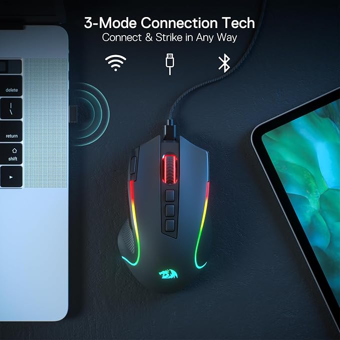 Redragon M612 Wireless RGB Optical Gaming Mouse 8000 DPI Remapping Keys | Cable-Free 0 Delay, Redefine Keybinding Macro, Vibing Backlight, Ergonomic Grip Body Comfort
