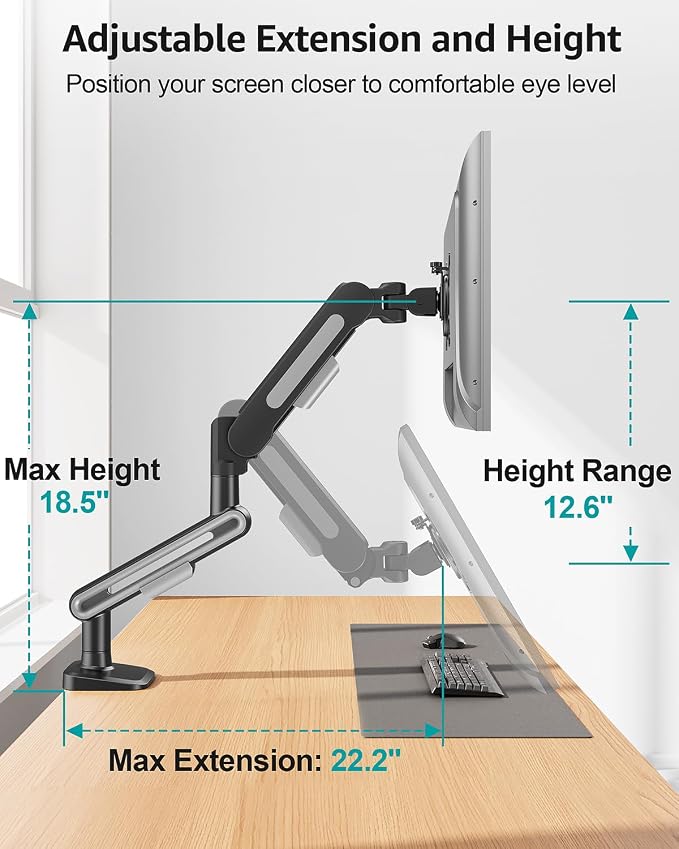 MOUNT PRO Single Monitor Desk Mount for Max 40 Inch Screens, Adjustable Gas Spring Monitor Arm Holds up to 26.5lbs, Computer Monitor Stand with Clamp and Grommet Base, VESA Mount 75x75mm/100x100mm