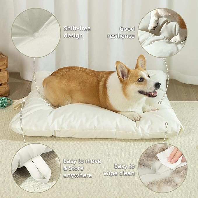 Chew Resistant Dog Bed for Small Dogs - Durable 23"x17" Kennel Pad with Soft Plush Filling, Machine Washable Crate Mat for Aggressive Chewers, Indoor Outdoor Pet Bed, Beige