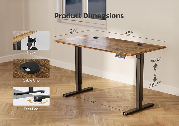 YDN 55 x 24 Inch Rustic Brown Electric Standing Desk | Adjustable Height, Sit Stand, Cable Management, Ergonomic, Home Office