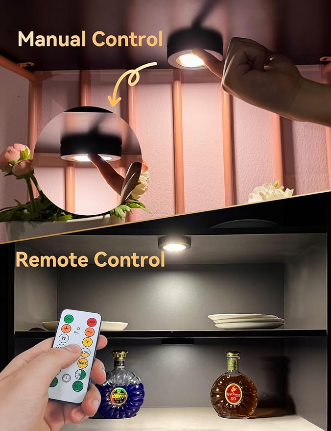 HOLKPOILOT Ultra Thin Puck Lights with Remote, LED Under Cabinet & Closet Lighting Wireless, 3 Color Temps & Dimmable Stick On Lights Battery Operated for Kitchen,Counter,Shelves (6pack)