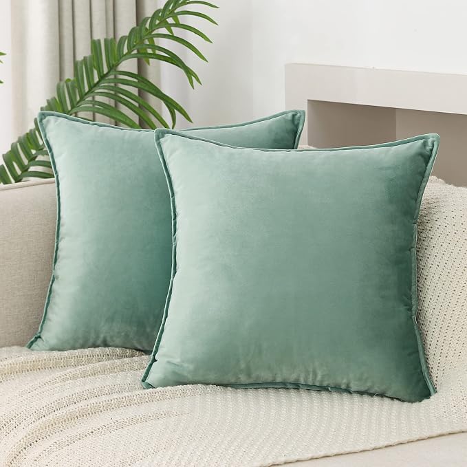 Velvet Sage Green Throw Pillow Covers 16”x16”Pack of 2 Soft Decorative | Square Cushion Covers for Couch Sofa Bed Livingroom Car Home Decor,40x40Cm
